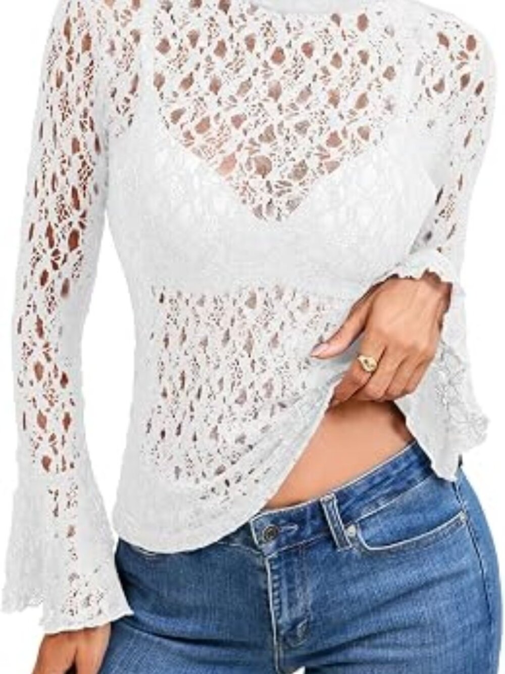 Tankaneo Womens Mock Neck Bell Long Sleeve Lace Mesh Sheer Slim Fit Tops XL